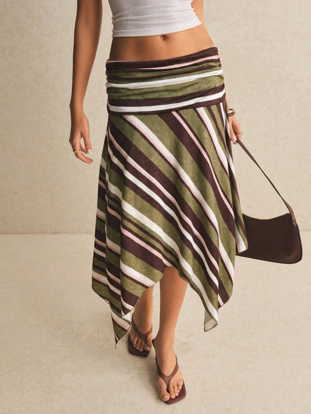 Multicolor Casual Women's Striped Asymmetric Hem Loose Knee-Length Skirt